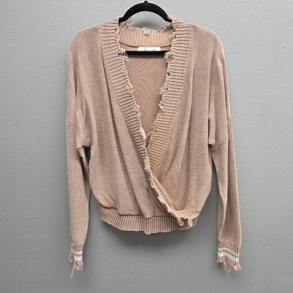 CBRAND Sweater Womens Large Tan Distressed Surplice V Neck Long Sleeve Pullover - Picture 1 of 10